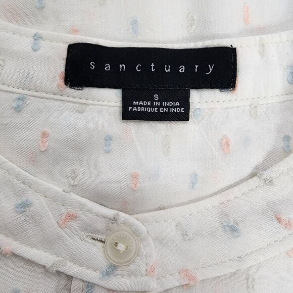 Sanctuary Women Top Small White Evelyn Clip Dot Blouse Rainbow Button 3/4 Sleeve - Picture 8 of 10